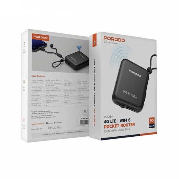 پاوربانک پرودو با ظرفیت 10000 میلی آمپر Porodo 4G LTE | WIFI 6 Pocket Router